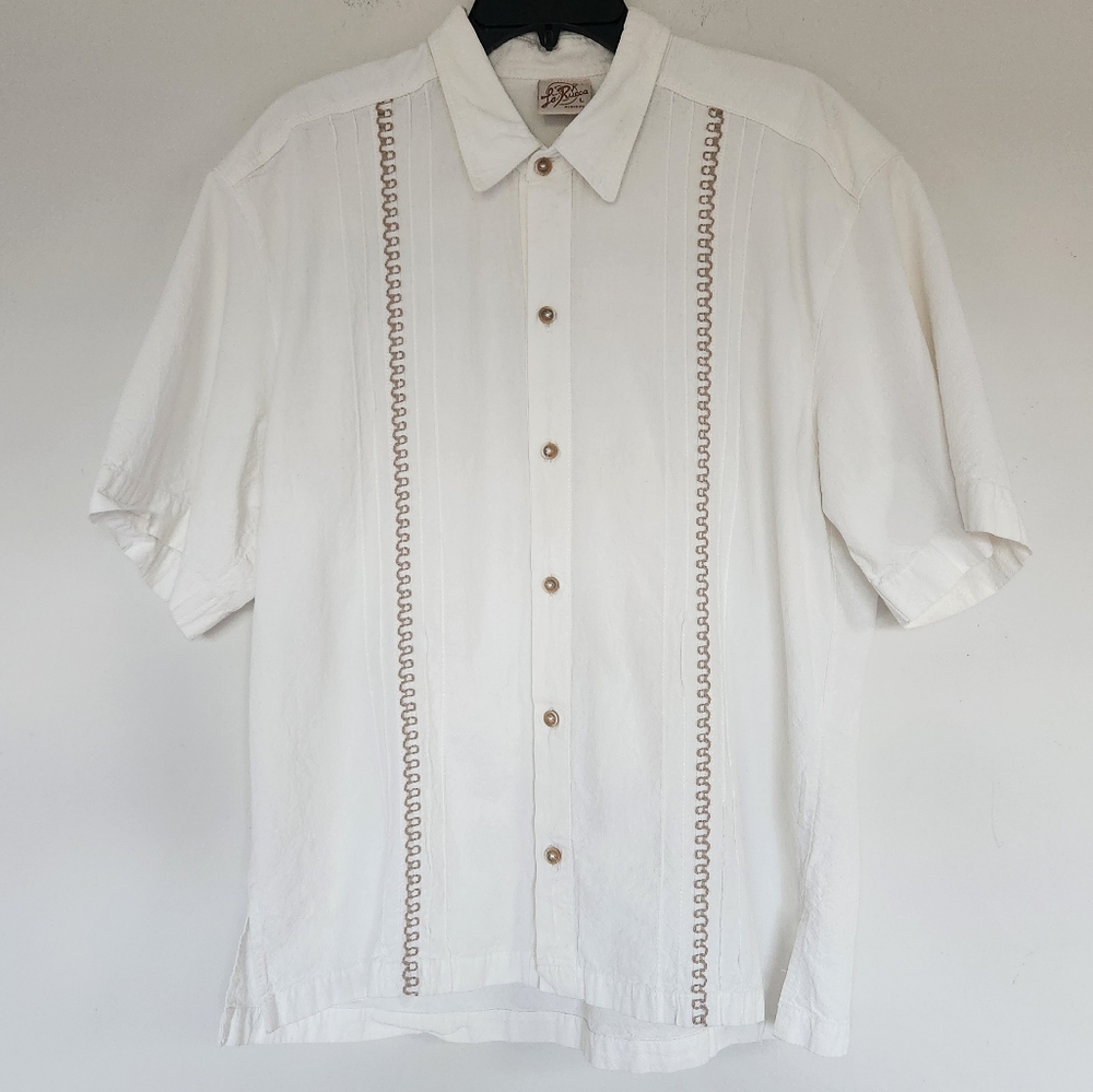 La Rueca Vintage Cotton Cream Beige Short Sleeve Button Down Guayabera Shirt L - Picture 2 of 11
